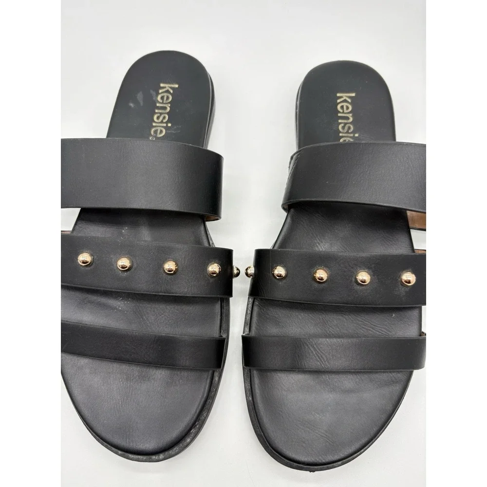 Kensie Women's Black Gold‎ Tone Studded Flat Sandals, 7.5